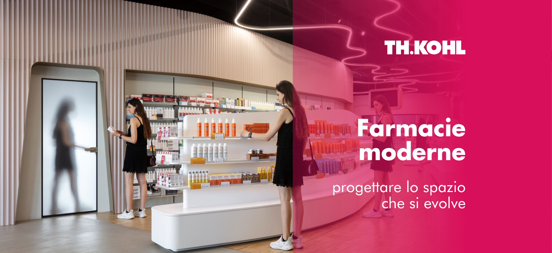 l’interno di una farmacia moderna, con illuminazione ambientale, esposizione dinamica e corner tematici.