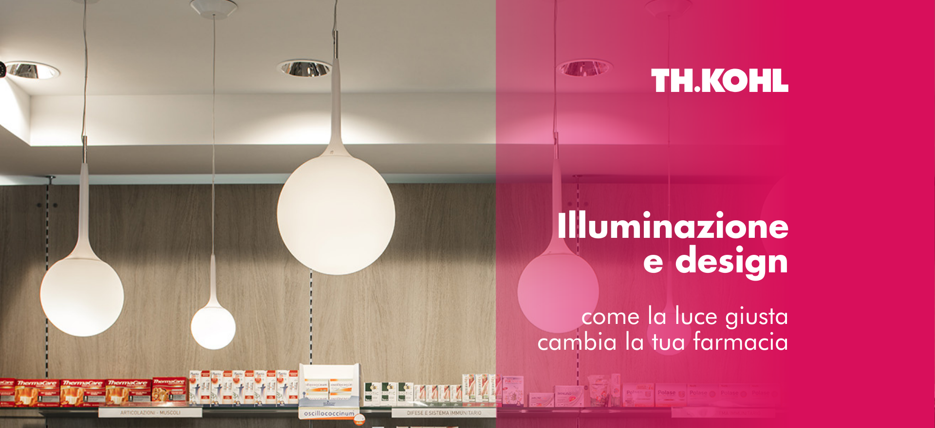 a destra il titolo dell’articolo “illuminazione e design: come la luce giusta cambia la tua farmacia”, a sinistra la foto di alcuni lampadari di design appesi al soffitto di una farmacia.