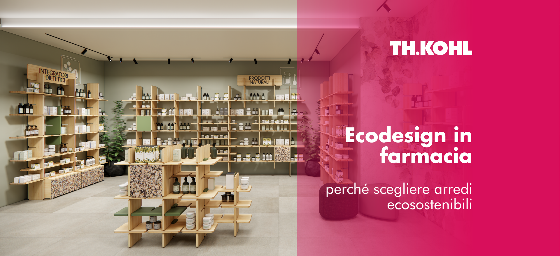 una farmacia arredata con componenti di ecodesign. accanto, il titolo dell’articolo: “ecodesign in farmacia: perché scegliere arredi ecosostenibili”