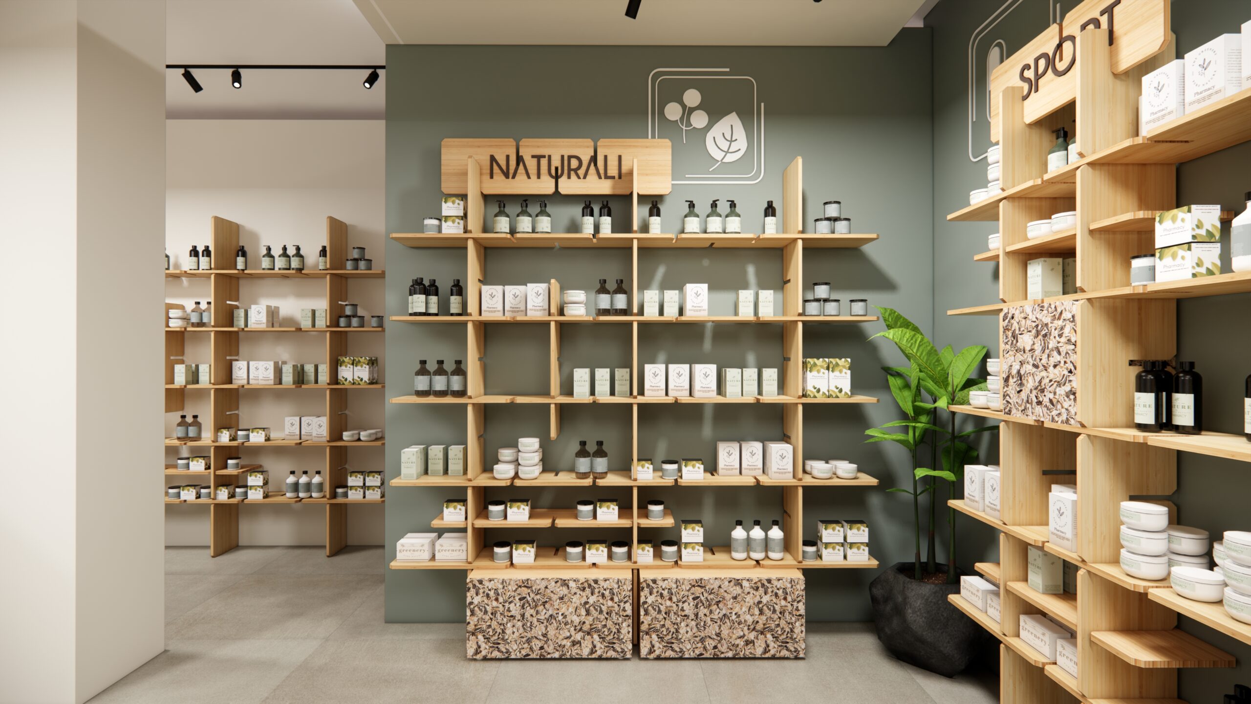 una farmacia arredata secondo i principi dell'ecodesign