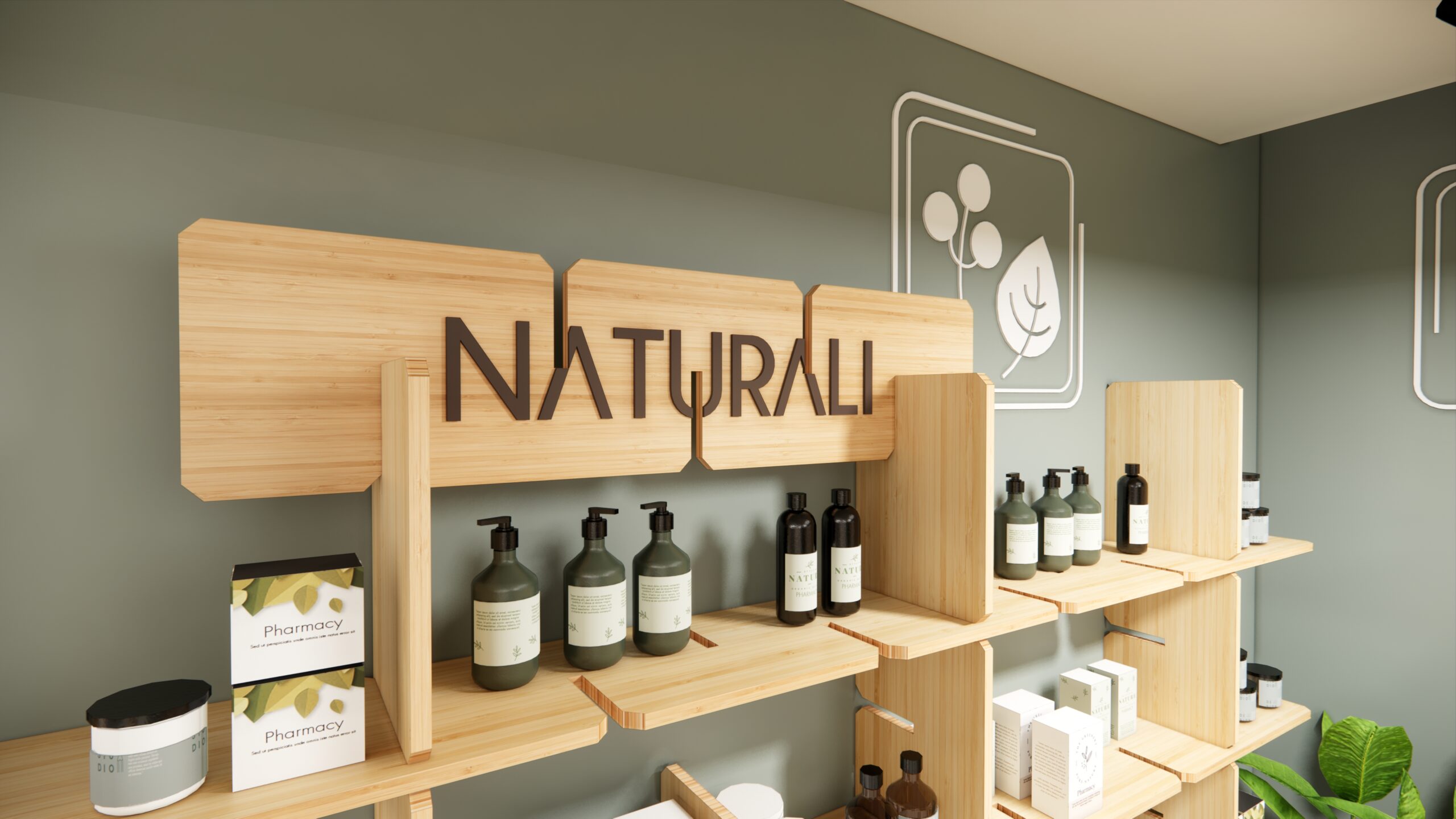 un espositore in bambù di ecodesign in farmacia